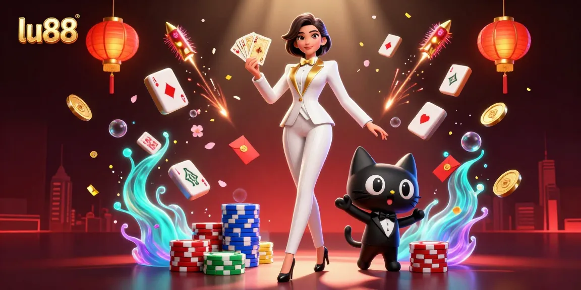 Experience the excitement of lu88 with a glamorous casino scene featuring a stylish dealer, black cat, and animated gaming elements.