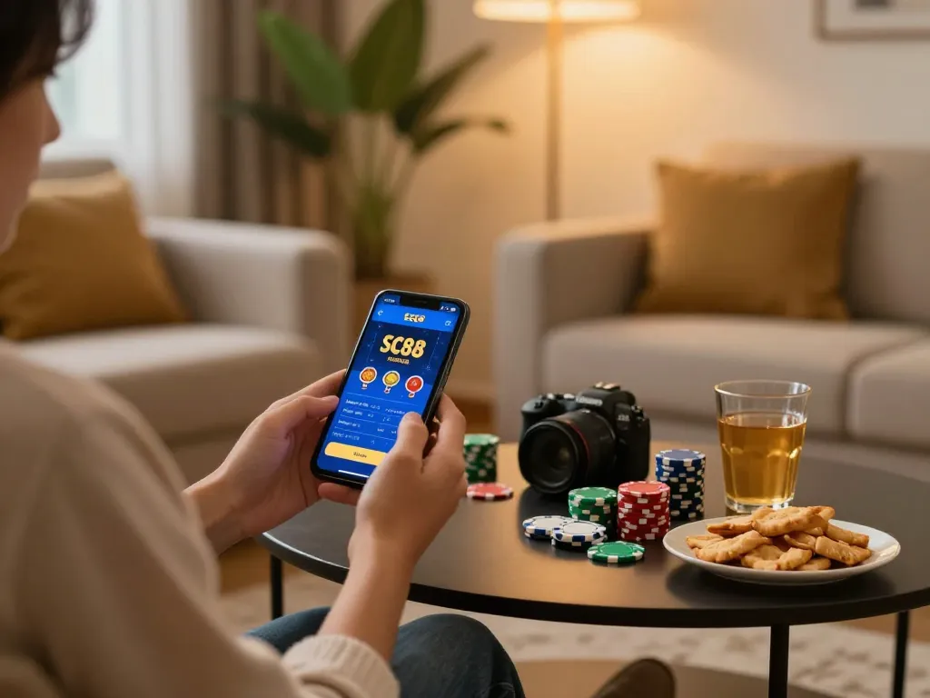 Engaging with the Link SC88 casino app while enjoying a cozy home gaming experience.