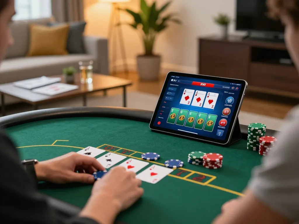 go99 player engaging in blackjack strategy with colorful cards and chips visible in a cozy setup