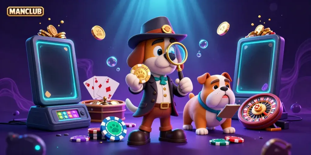 Uncover excitement at MANCLUB with a detective dog and bulldog amid vibrant casino gaming action.