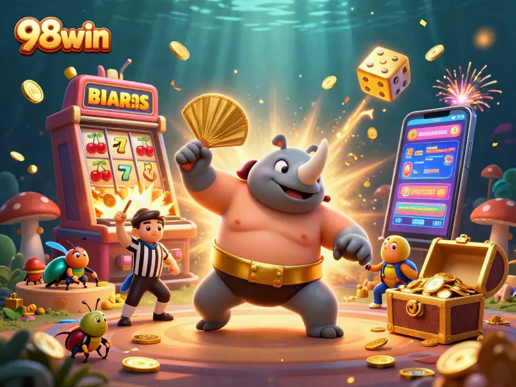 Experience the excitement of 98win with a vibrant 3D illustration showcasing dynamic casino action.