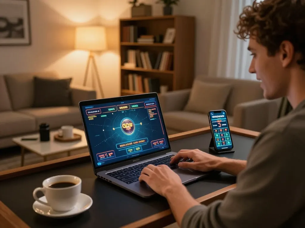 Engaging player using Go8 online casino on laptop in cozy living room