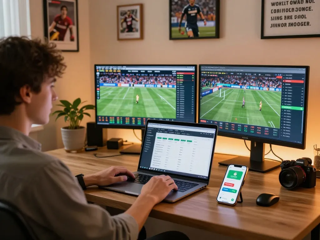 Engaging in online sports betting with debet app at home, showcasing a modern gaming setup