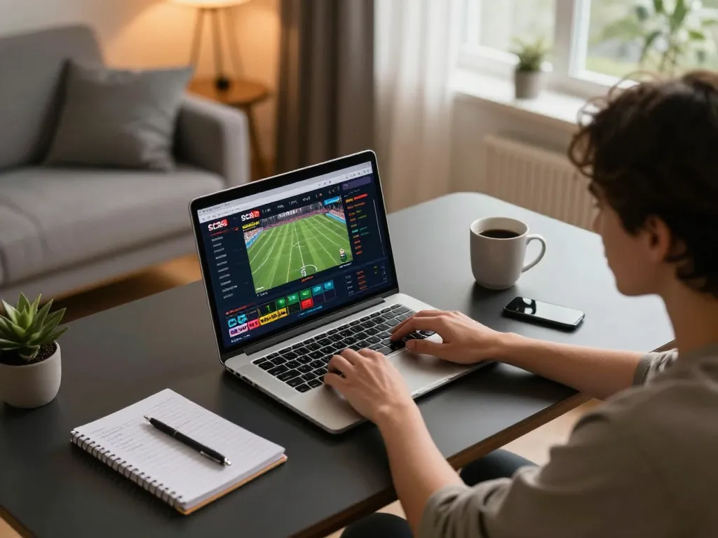Individual engaged in SC88 sports betting on a laptop, showcasing a cozy gaming environment.