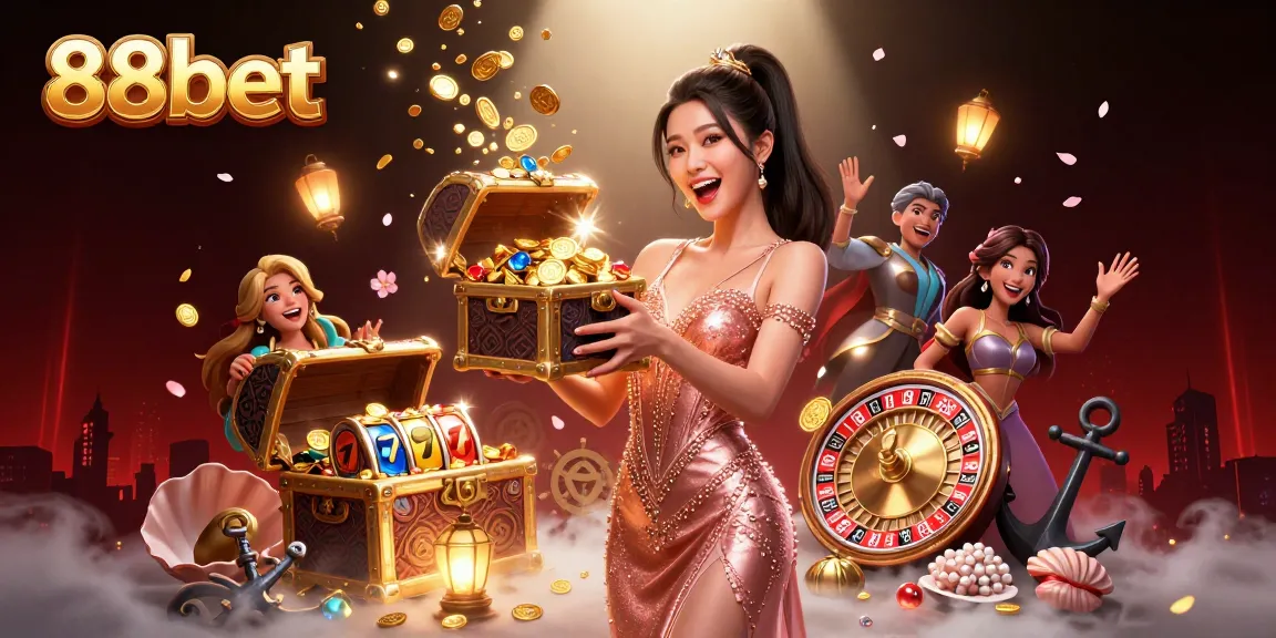 Experience thrilling wins at 88bet with a glamorous Asian woman presenting a treasure chest overflowing with riches.