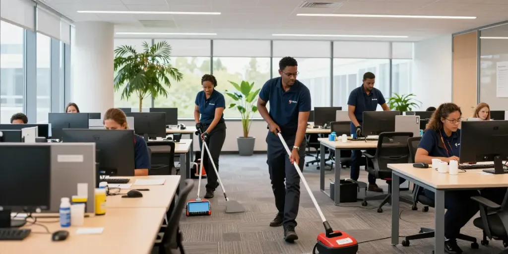 Kantoor schoonmaak Amsterdam met professionele schoonmaker aan het werk, heldere kantooromgeving.
