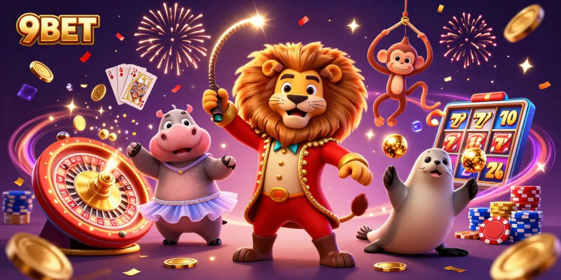 Experience excitement with 9BET’s dazzling circus-themed casino scene featuring vibrant characters and rich gaming elements.