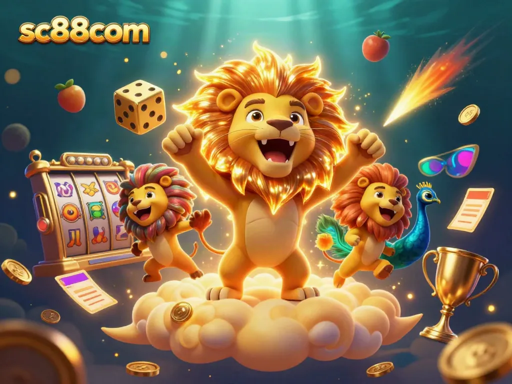 Join the excitement of gambling with sc88com, featuring golden dice and a roaring sun lion.