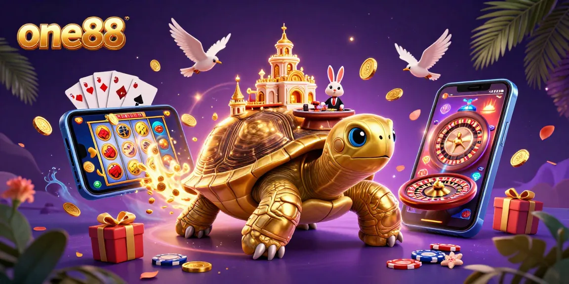 Experience the excitement of one88 with a vibrant casino scene featuring a golden tortoise and dynamic game elements.