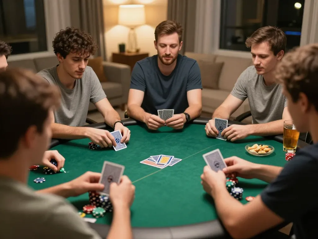 Engaging poker game scene illustrating strategic gameplay at home with nhacaiuytin44 players focused and competitive