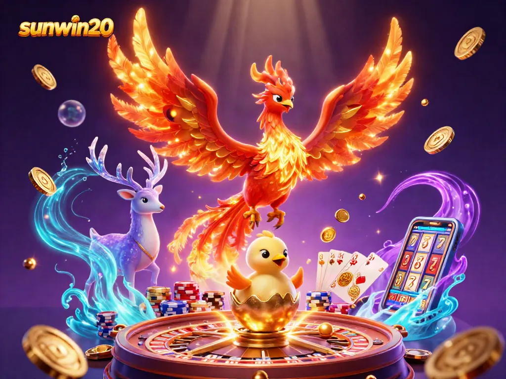 sunwin20 players enjoy slots and casino games amidst golden coins and dynamic visuals