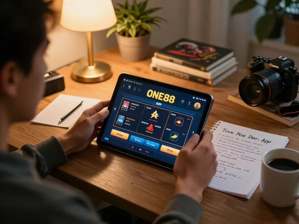 Engaged player strategizing winning bets using the ONE88 APP on a cozy tablet setup.