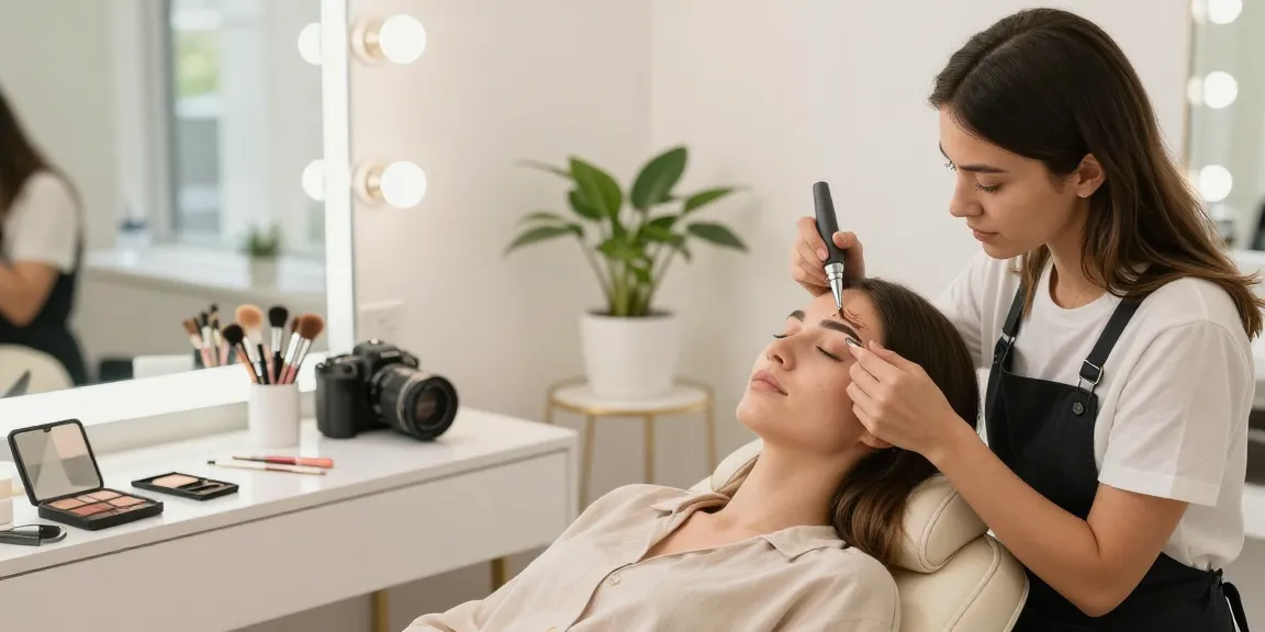Het creëren van prachtige poeder brows in een sereen schoonheidstudio-omgeving.