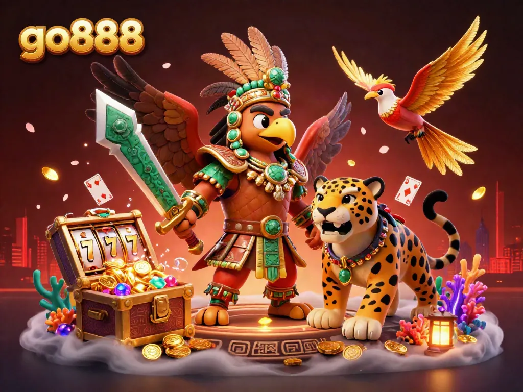 Experience the excitement at go888 with an Aztec warrior and casino-themed elements.