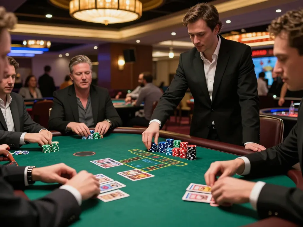 Experience the thrill of FABET LIVE with players engaging at a lively blackjack table in a vibrant casino atmosphere.