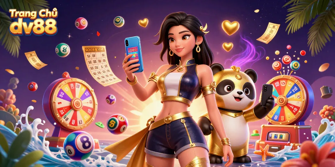 Engage with exciting games on Trang Chủ dv88 as colorful lottery elements and a golden panda create a vibrant casino atmosphere.