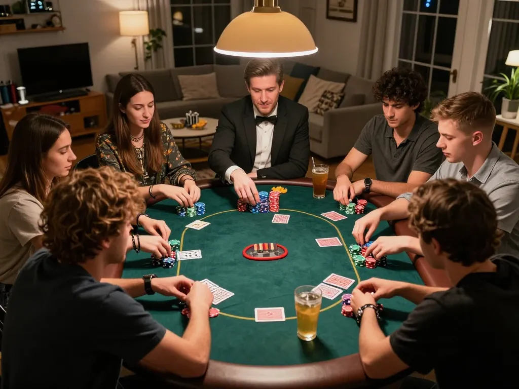 Friends enjoying poker night while calculating odds with sin 88 strategy, chips and cards visible