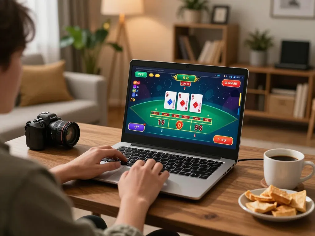 Play and win at MM88 online casino, featuring live baccarat game interface and cozy home atmosphere.