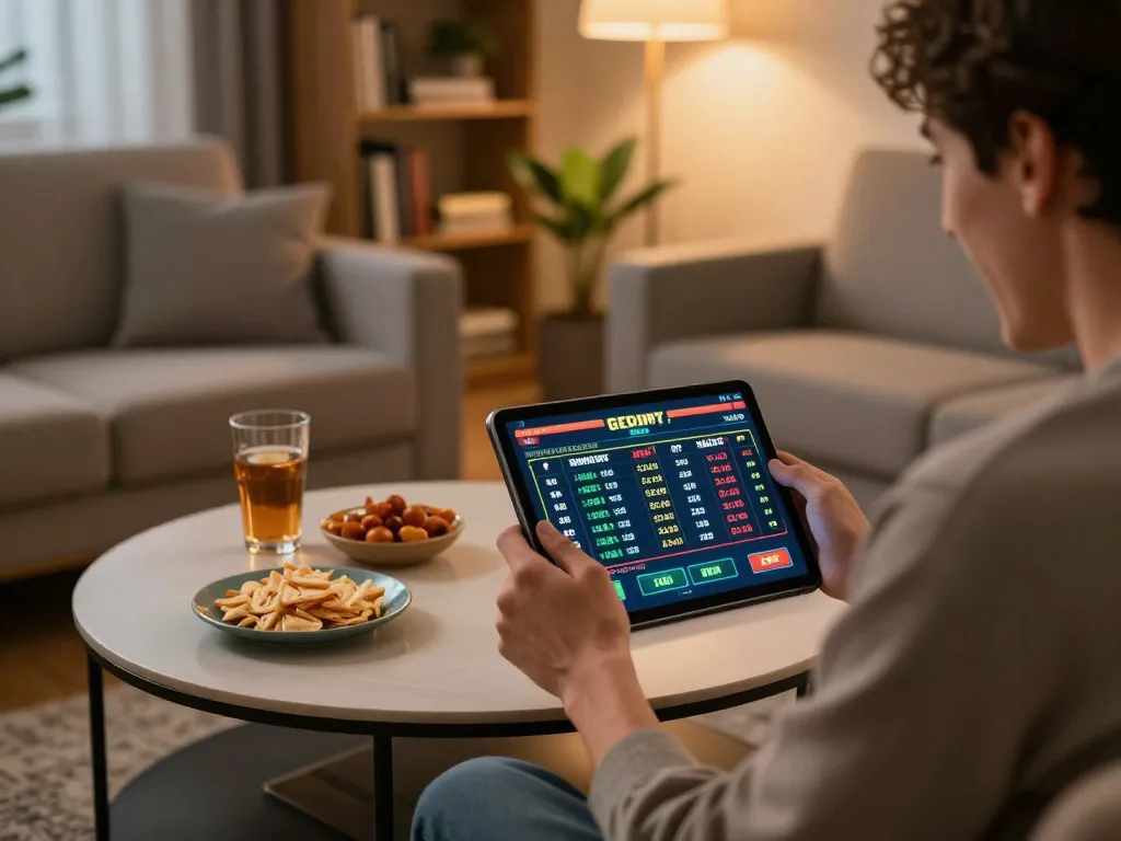 Betting strategies in action on five88bc tablet, showing real-time odds in a cozy gaming setup.