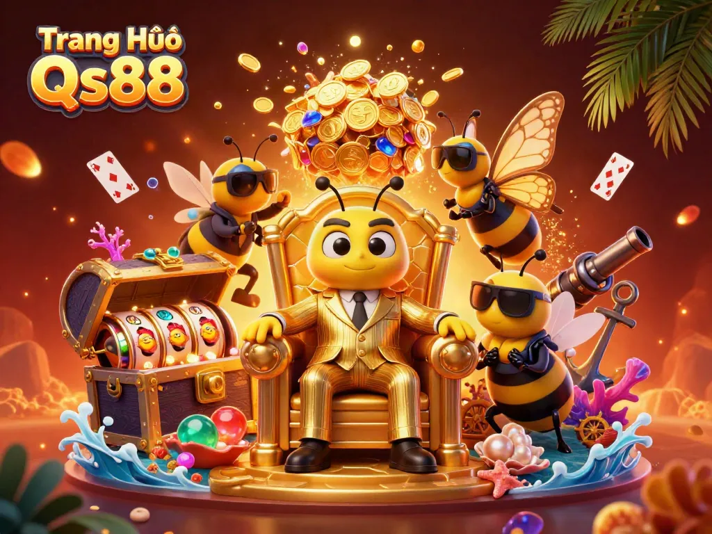 Experience the thrilling action of Trang Chủ Qs88 with a vivid 3D casino-themed scene featuring colorful game elements.