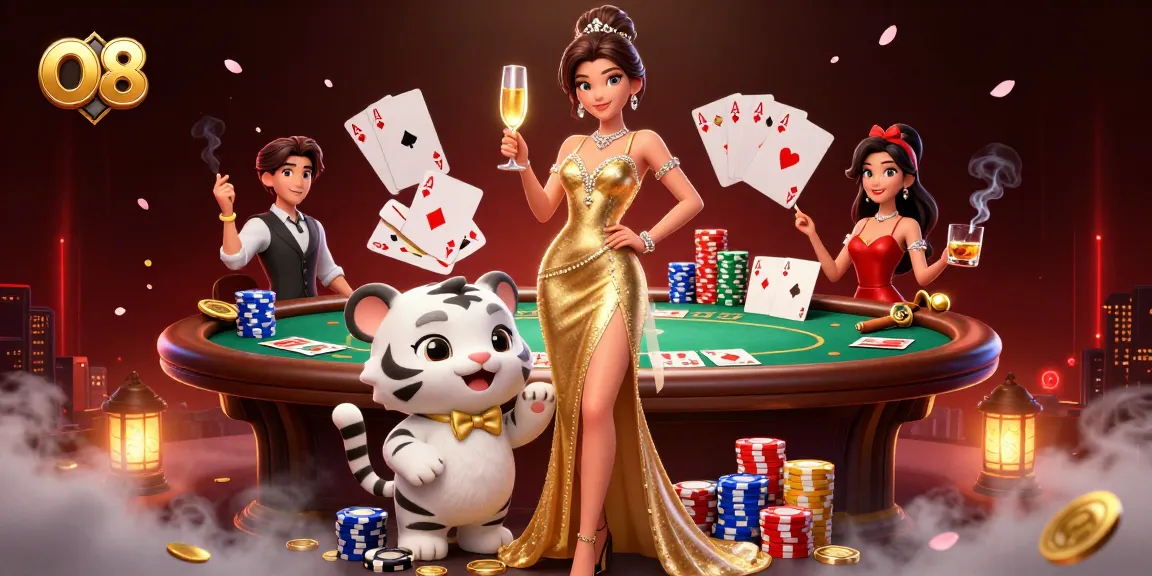 Experience thrilling gameplay at O8 with a glamorous woman and lucky tiger cub amidst vibrant casino elements.