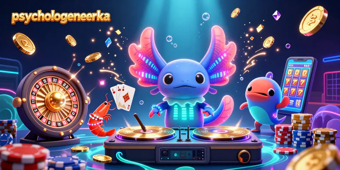 Speel spannende casinospellen bij psychologeneureka met een dansende axolotl DJ en glinsterende munten.
