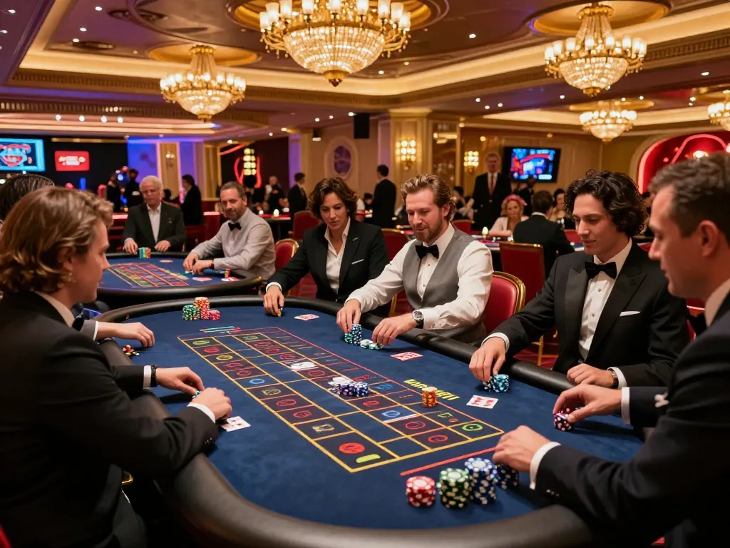 Nohu players placing bets at a vibrant roulette table inside a luxurious Las Vegas casino, showcasing lively gameplay.