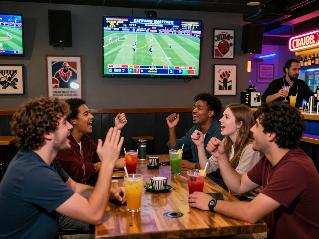 Topbet sports betting scene with friends enjoying a game in a vibrant sports bar.
