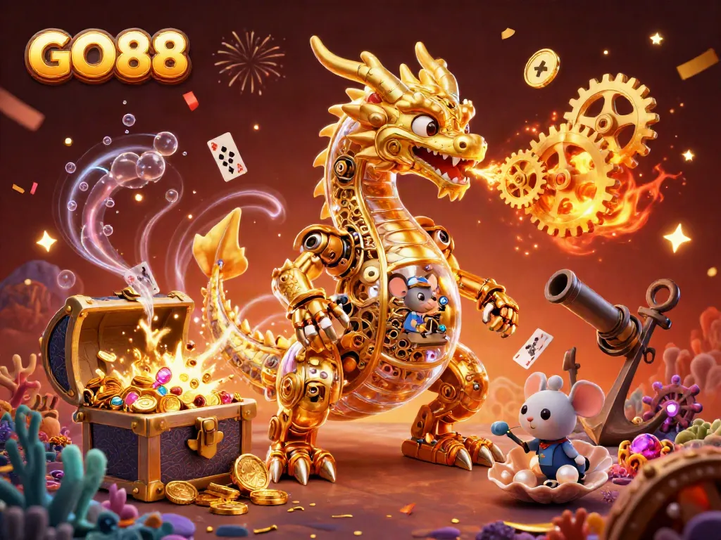 Experience thrilling gameplay with GO88 in this vibrant casino illustration of a golden dragon and treasure.