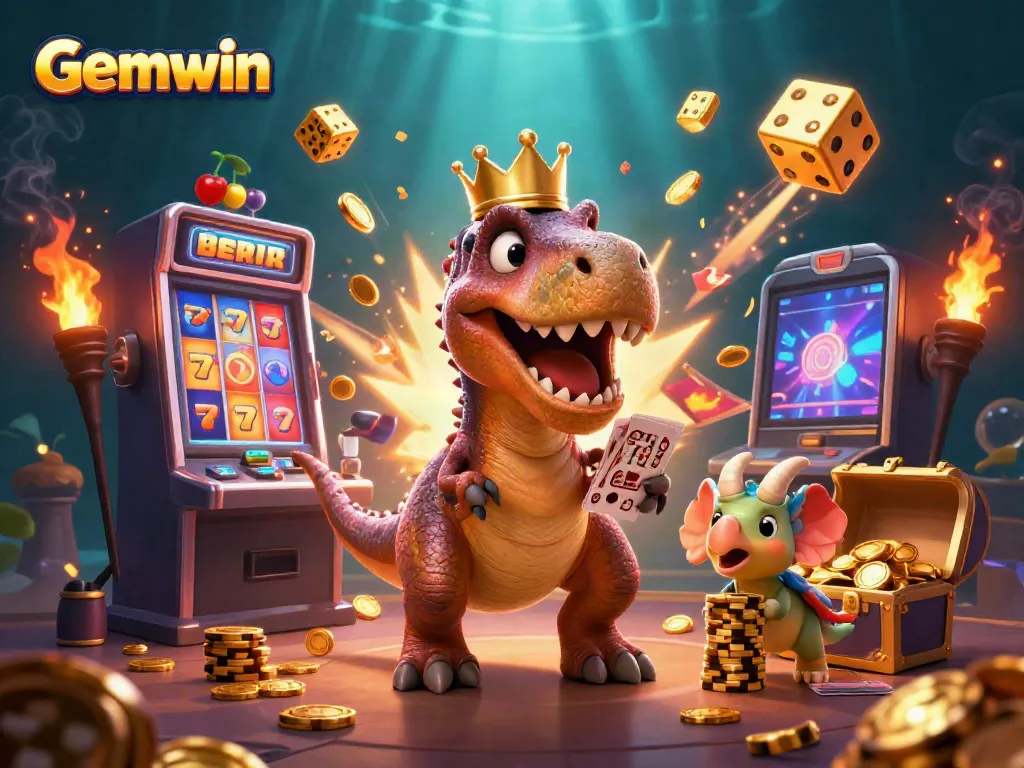 Experience exhilarating fun at Gemwin with 3D cartoon characters engaging in a lively casino scene.