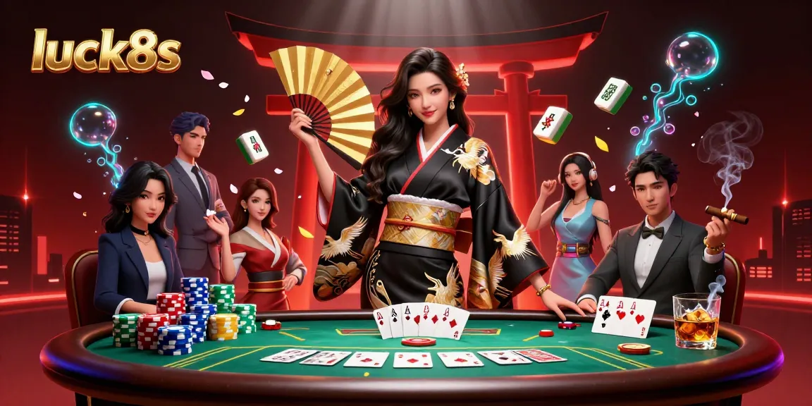 Engage with luck8s in this vibrant online casino scene featuring an elegant woman in a kimono amidst rich poker elements.