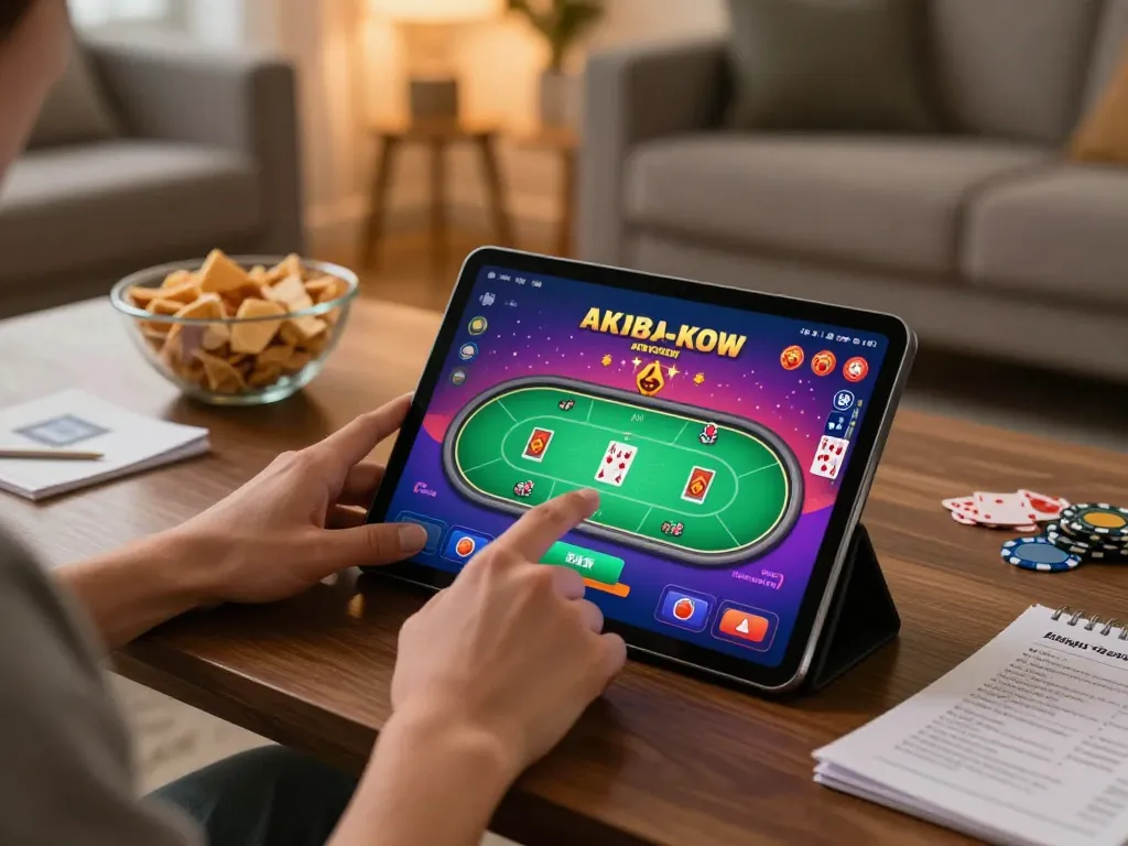 Engaging in online casino gaming on a tablet while exploring o8's poker options in a cozy home.