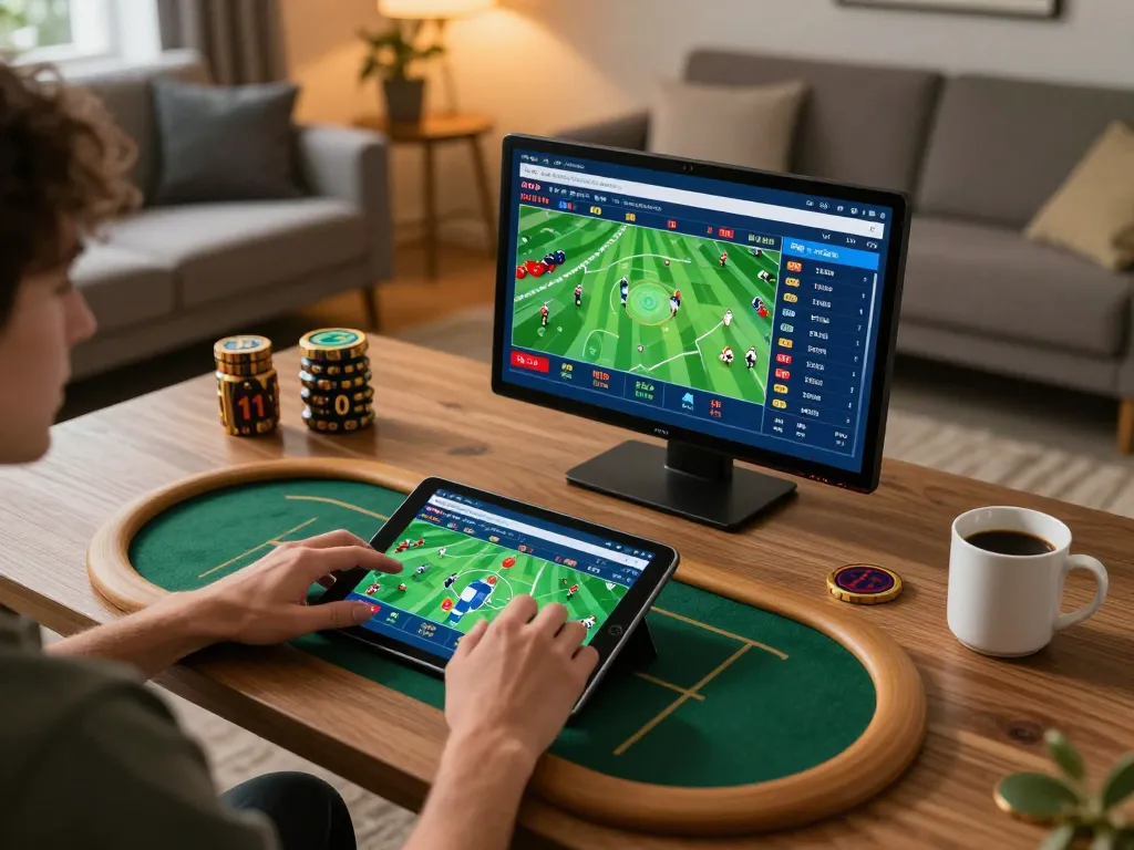 S8Bet user engaged in sports betting on a tablet, showcasing live odds with a cozy home setup