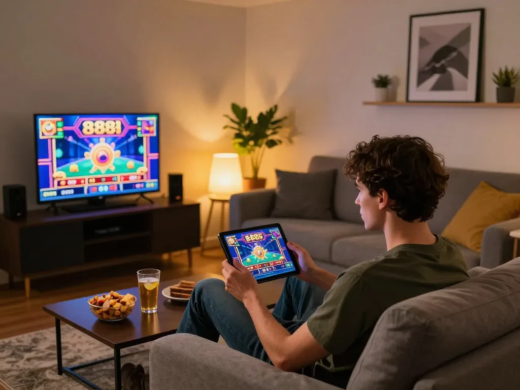 Engaging in 888slot gameplay on tablet at home, cozy atmosphere fostering responsible gaming