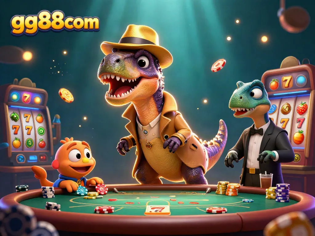 Experience thrilling blackjack action with gg88com's animated velociraptor card counter and casino elements.