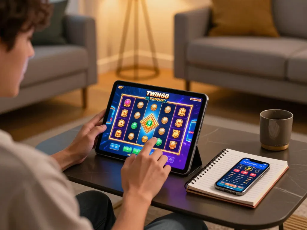 TWIN68 online gaming session showcasing a player engaged in a vibrant slot game on a tablet.