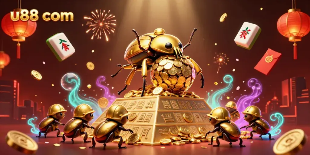 Experience luck with u88 com as a golden dung beetle rolls coins up a pyramid in a vibrant casino scene.