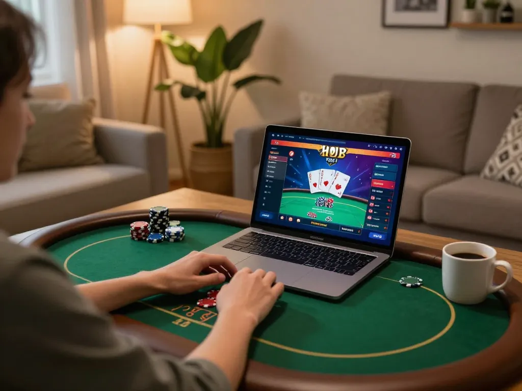 Experience win888 through an engaging home poker setup with vibrant game visuals and serene atmosphere