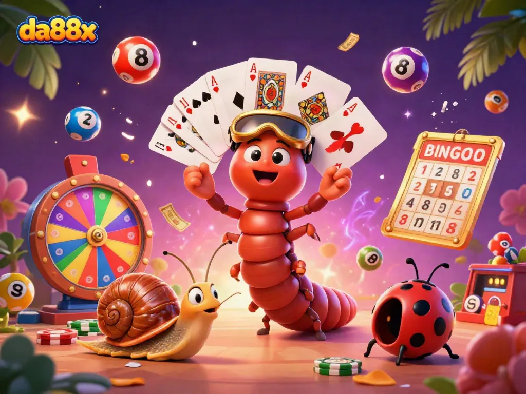 Experience da88x's vibrant casino scene with a cheerful millipede dealer and colorful game elements.