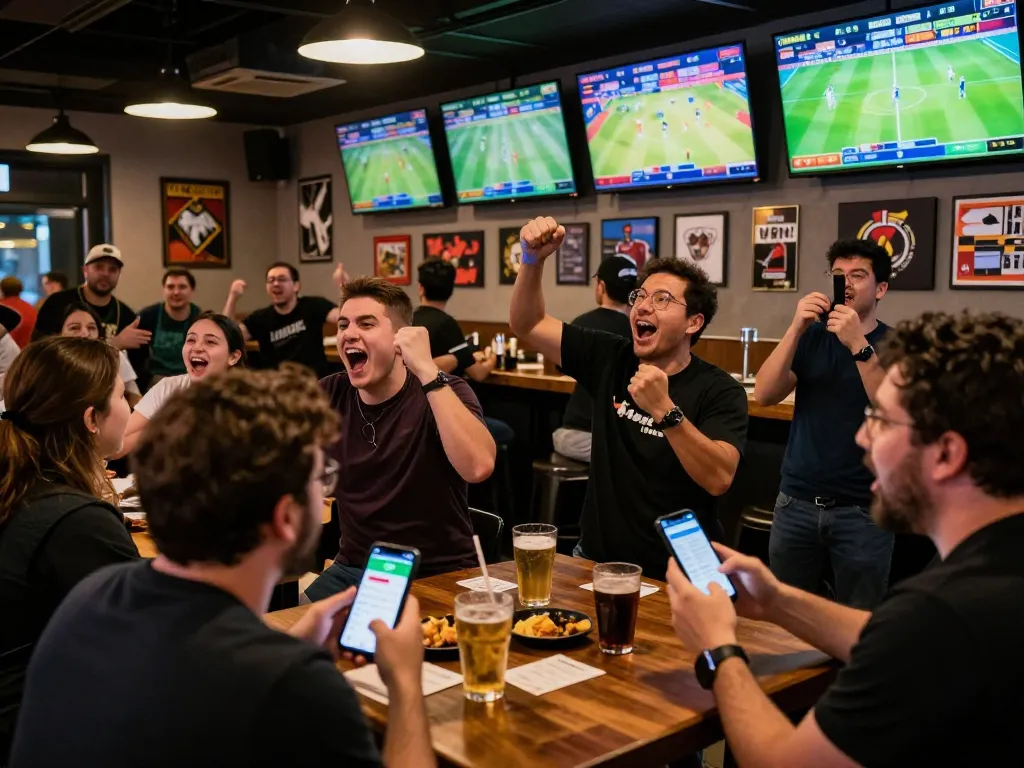 Kong88 players engaging in sports betting excitement at a lively sports bar, screens showing thrilling games.