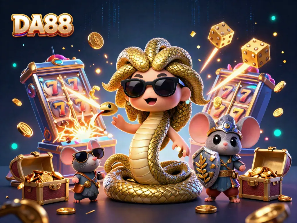 Win big with DA88 in this vibrant casino scene featuring a jackpot explosion and playful characters.