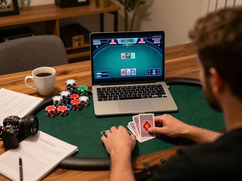 Engaged player analyzing cards on loto188 online poker app during cozy home gaming session