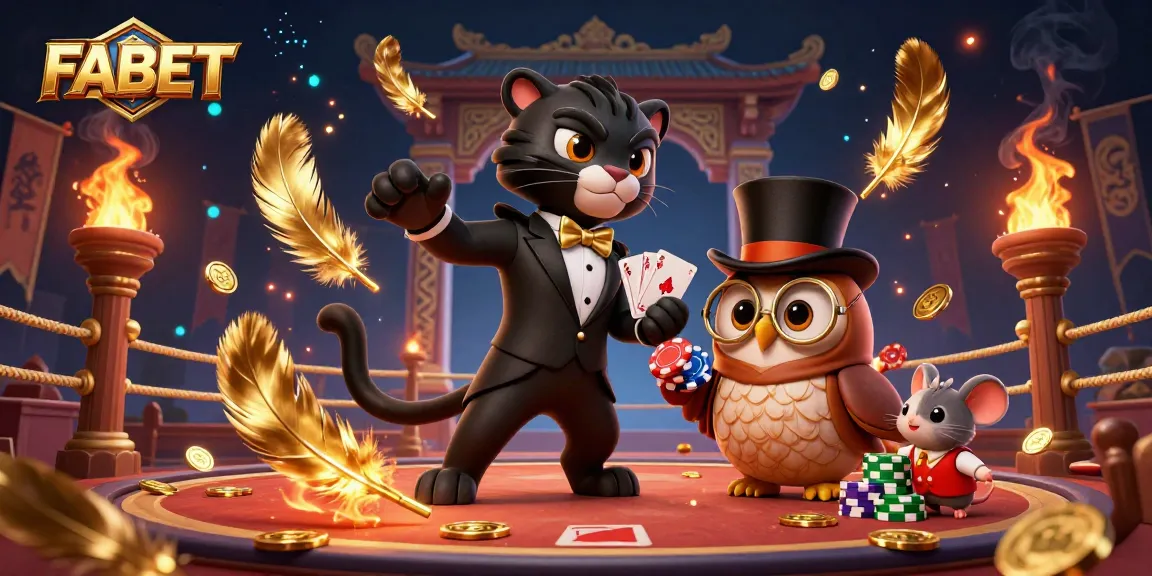 FABET showcases stylish characters in an exciting casino scene, dealing cards and holding poker chips.
