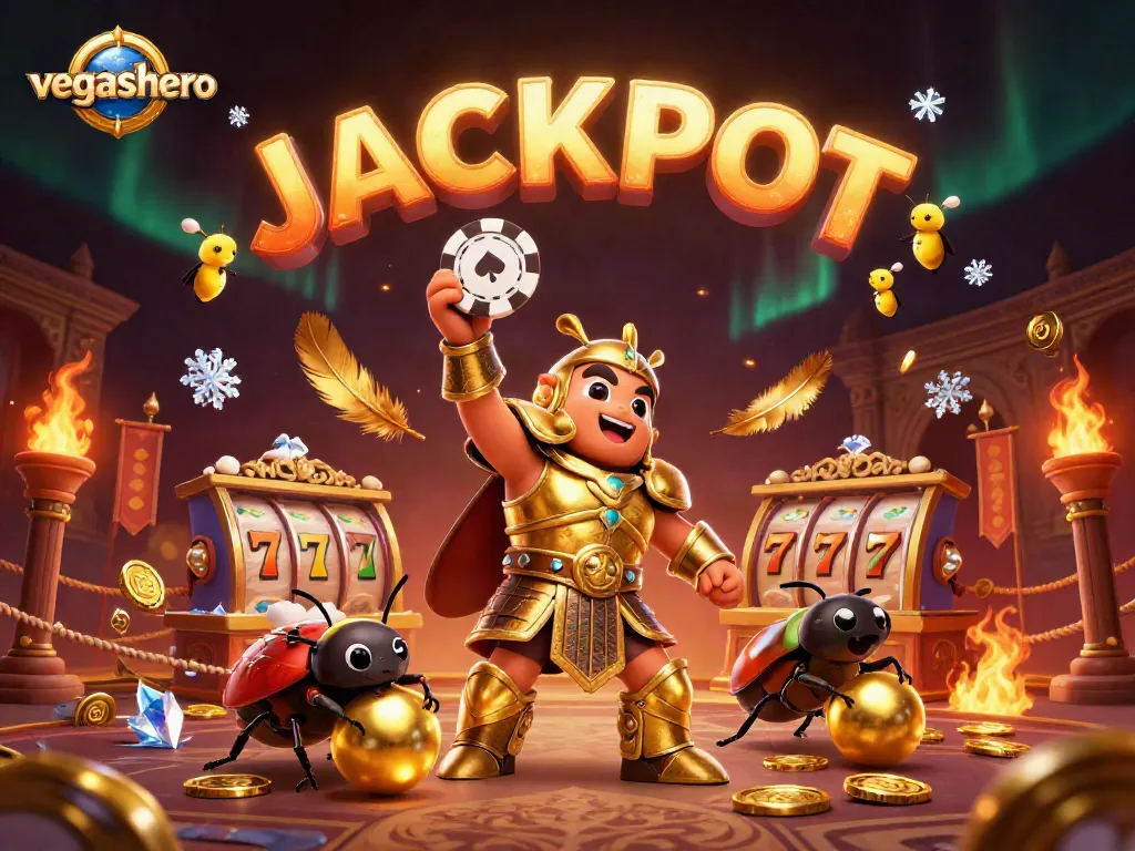 VegasHero showcases a cartoon beetle lifting a poker chip with jackpot effects in a vibrant casino scene.