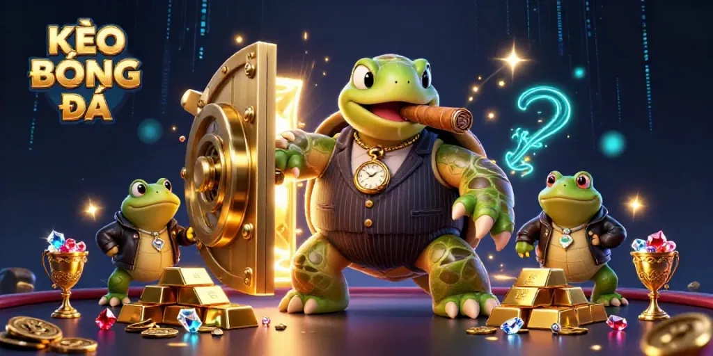 KÈO BÓNG ĐÁ highlights a vibrant 3D scene featuring a snapping turtle and bullfrogs amid dazzling casino riches.