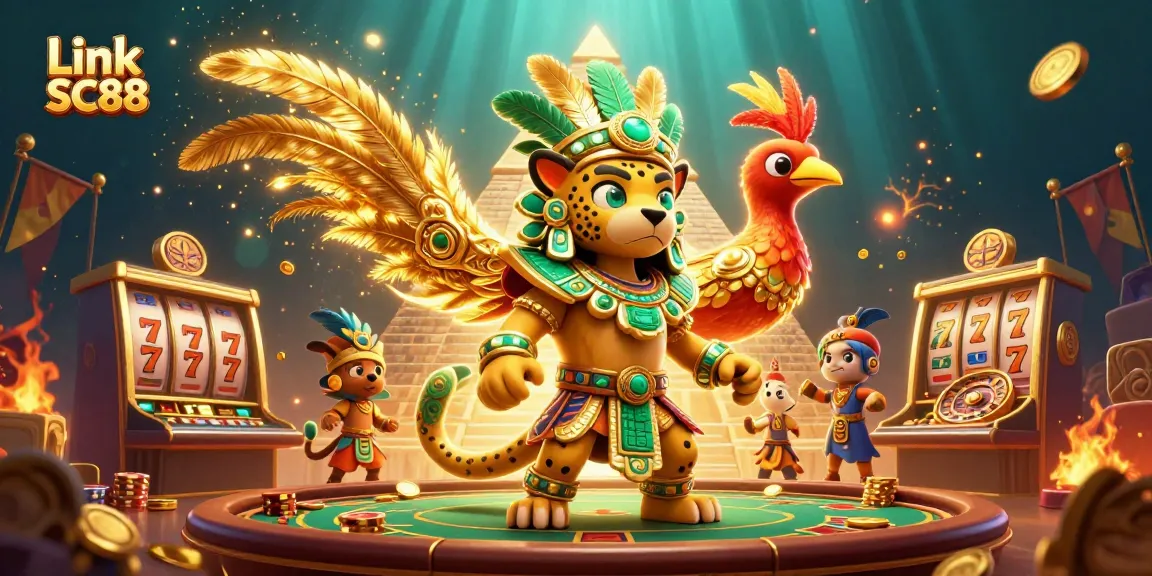 Engage in thrilling gameplay with Link SC88, featuring a vibrant casino scene with golden slot reels.