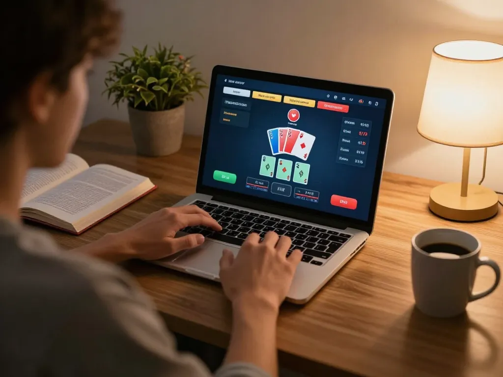 Engaged user playing dabet88 blackjack online on a cozy desk with strategy notes.