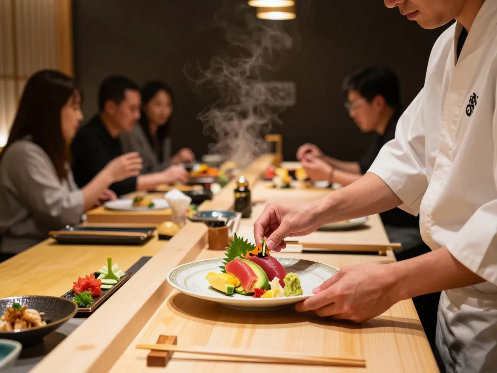 Chef plating vibrant sushi dish at RED88 restaurant with warm ambiance and inviting atmosphere.