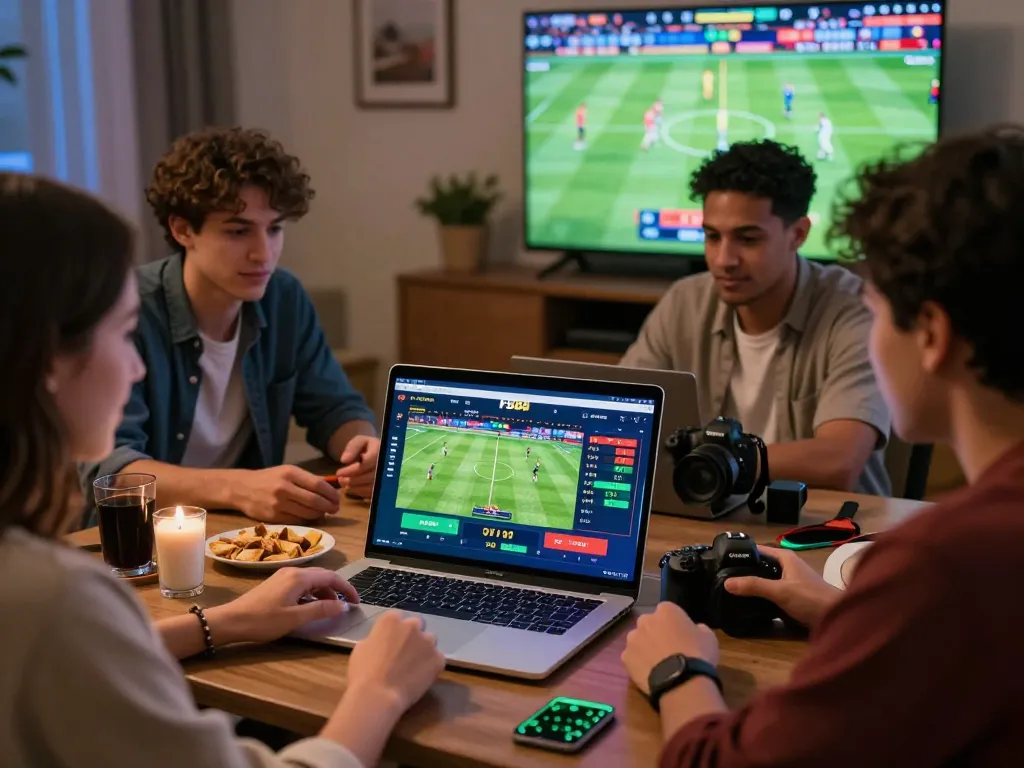 Engaged friends betting on kèo nhà cái fb88 during a live football match in a cozy setting.