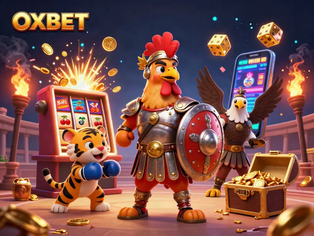 Engage in thrilling gameplay with OXBET featuring an epic gladiator rooster amidst vibrant casino elements.